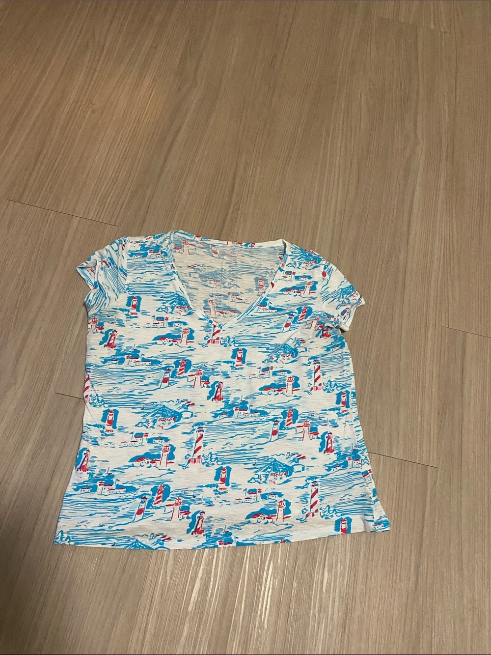 Lilly Pulitzer White Blue Pink Nautical Print V-Neck Tee